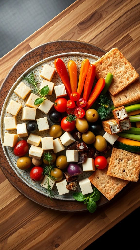 A colorful cheese and olive platter with assorted cheeses, olives, cherry tomatoes, and fresh vegetable sticks.