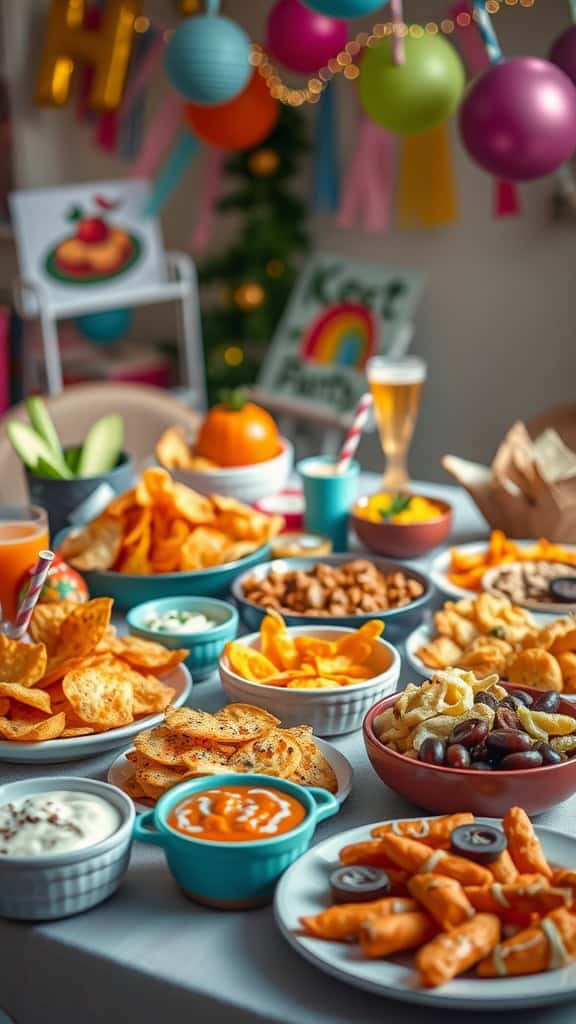 A colorful assortment of snacks laid out on a table, perfect for a party.