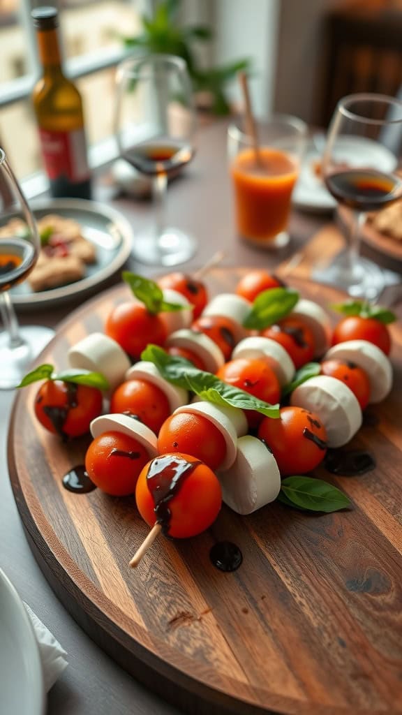 Caprese skewers with cherry tomatoes, mozzarella, basil, and balsamic drizzle on a wooden platter.