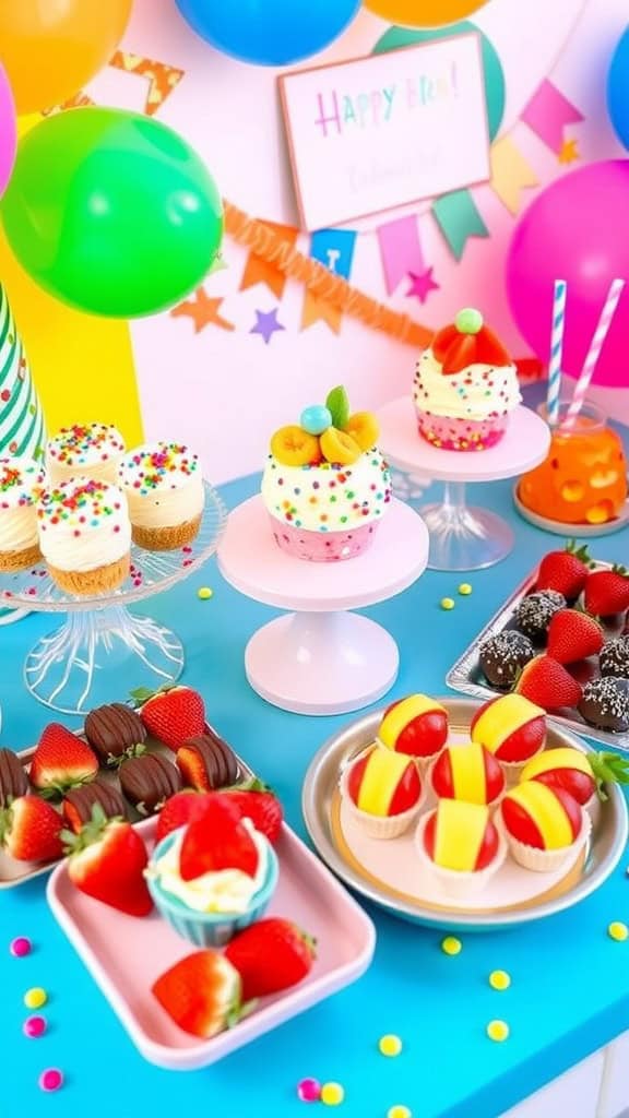 Colorful no-bake birthday desserts topped with sprinkles and strawberries