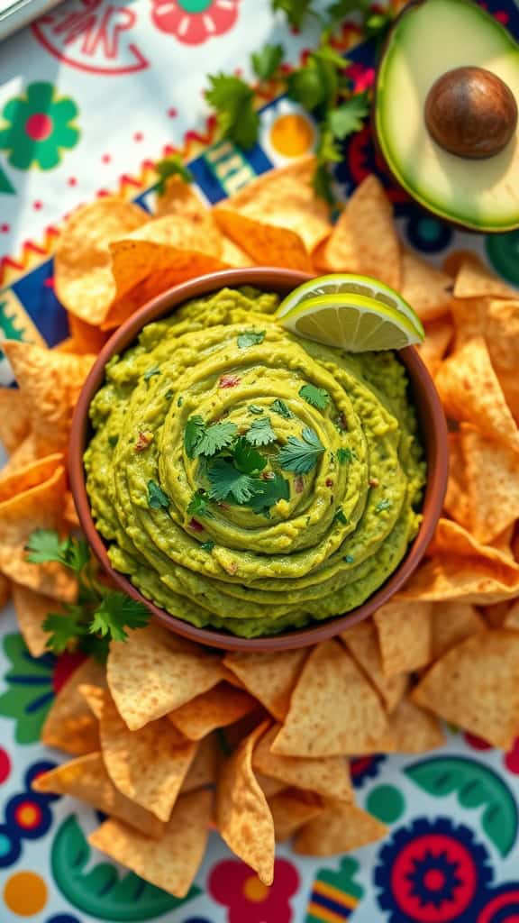 A bowl of guacamole surrounded by tortilla chips