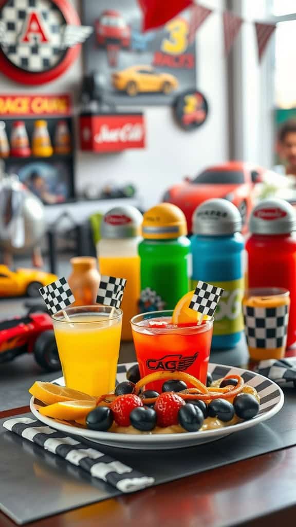 Colorful juice station with fresh fruit and gummy worm garnishes for a race car birthday party.