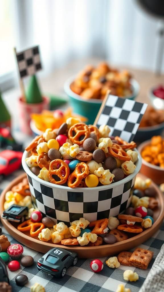 A bowl of colorful snack mix with pretzels, popcorn, and candies, perfect for a race car birthday party.