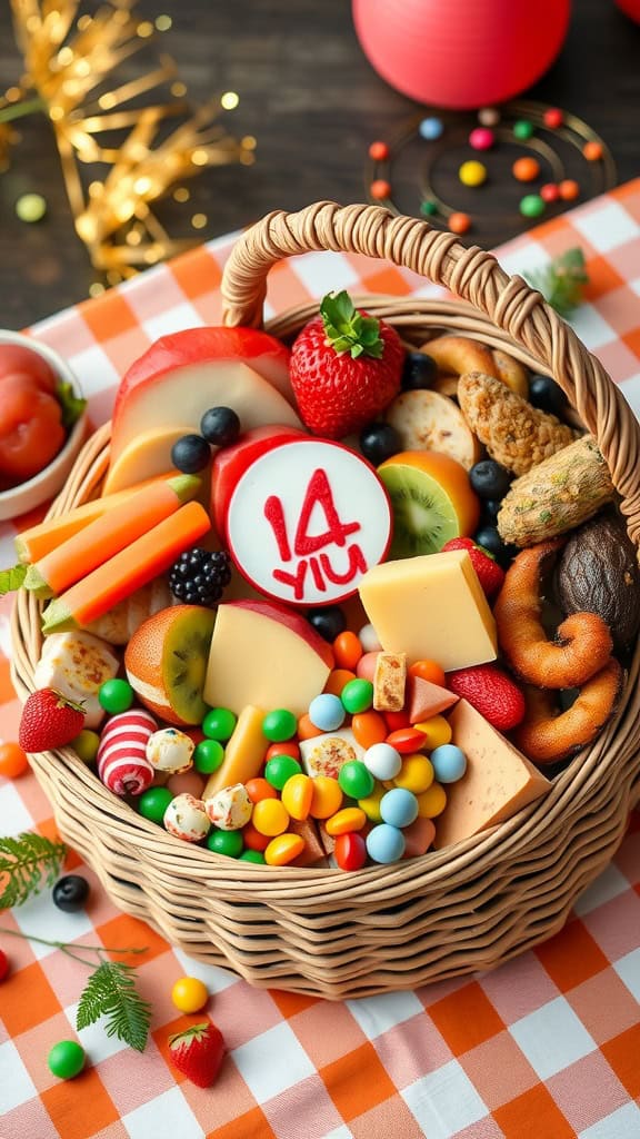 Colorful grazing basket with fruits, cheese, nuts, pretzels, and candies