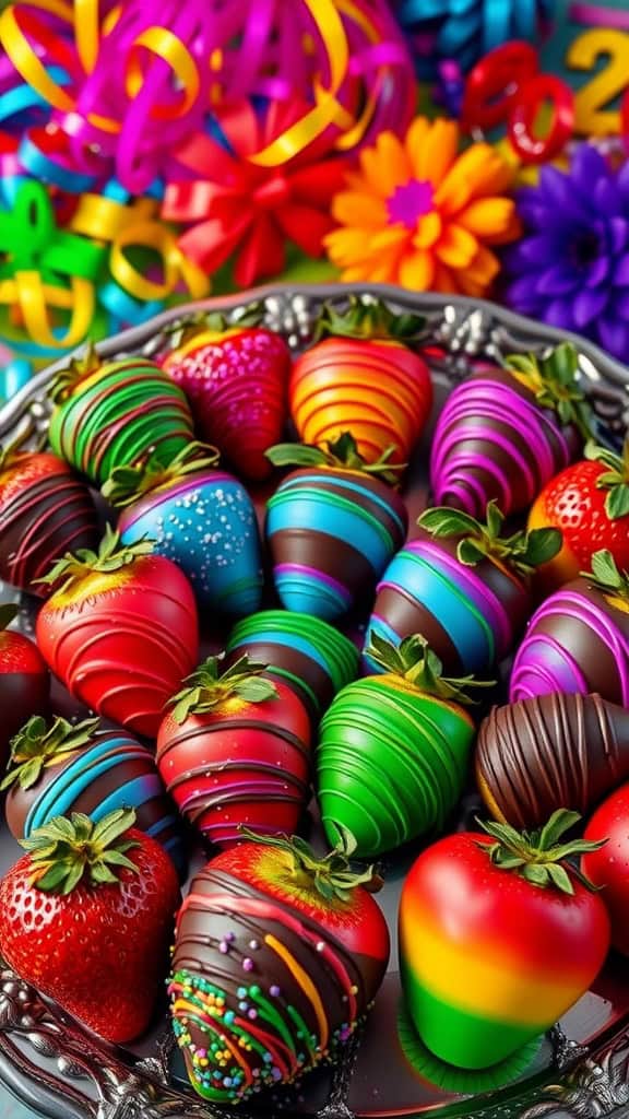 A colorful assortment of chocolate-covered strawberries displayed on a platter.