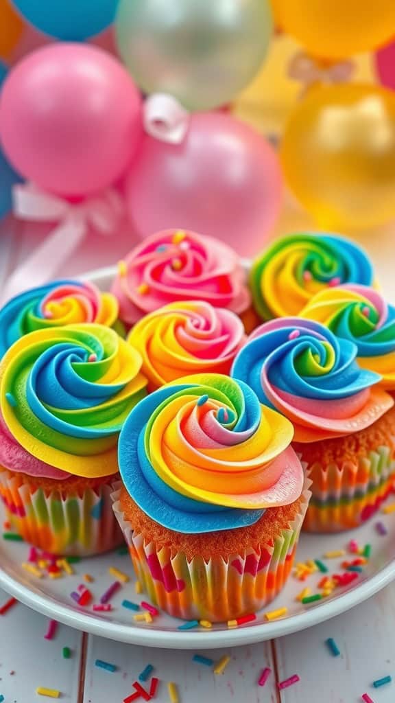 Colorful rainbow cupcakes with swirled frosting on a plate