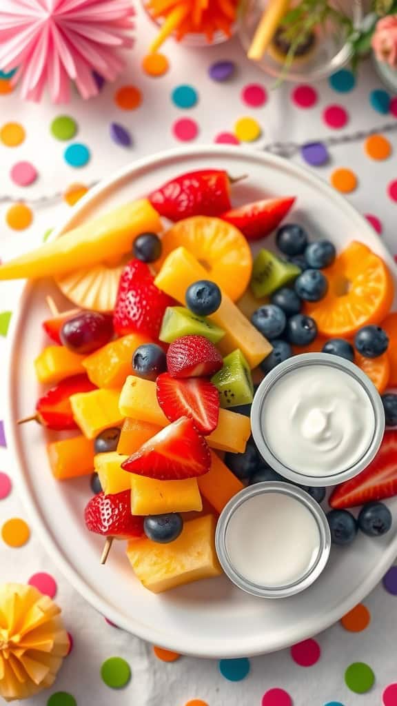 Colorful fruit skewers arranged on a platter with a yogurt dip