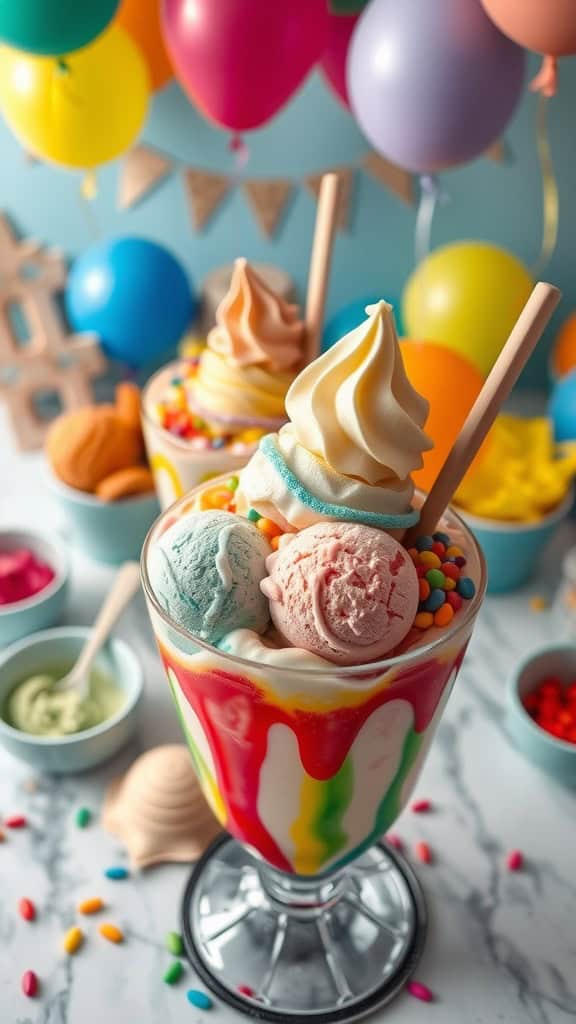 A vibrant rainbow ice cream sundae with various toppings.