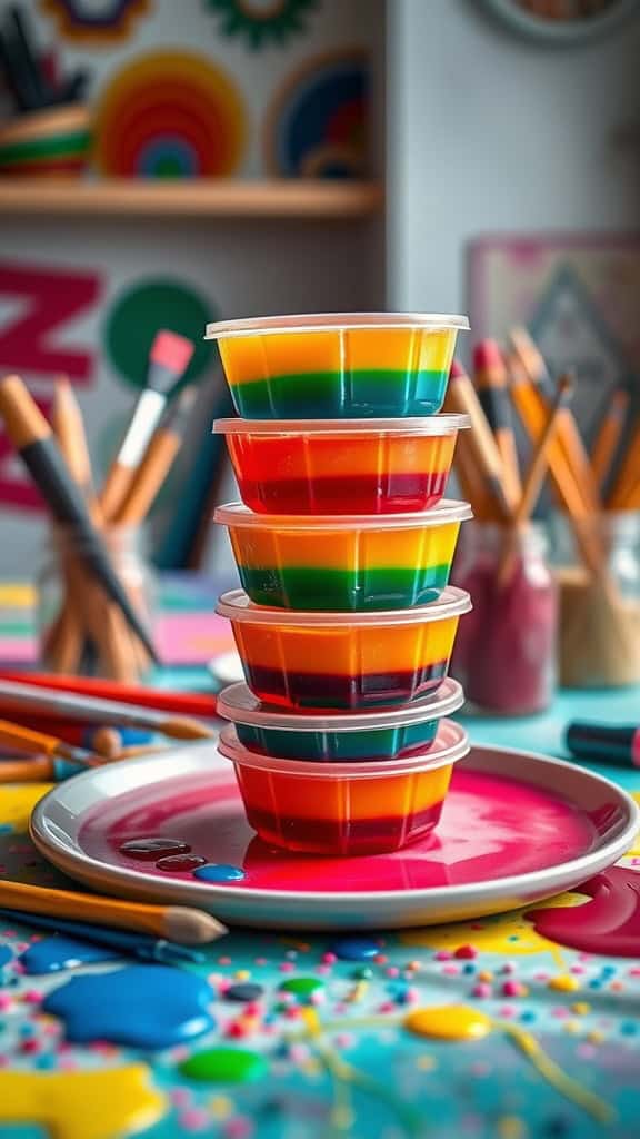 Colorful rainbow jello cups stacked in a playful setting