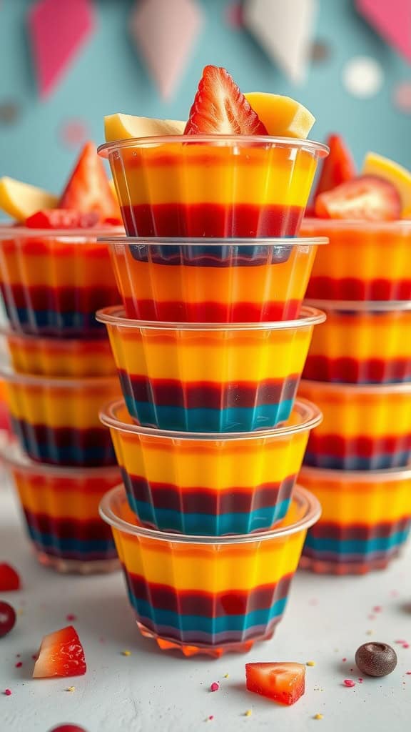 Colorful layers of Jello in clear cups with fruit toppings