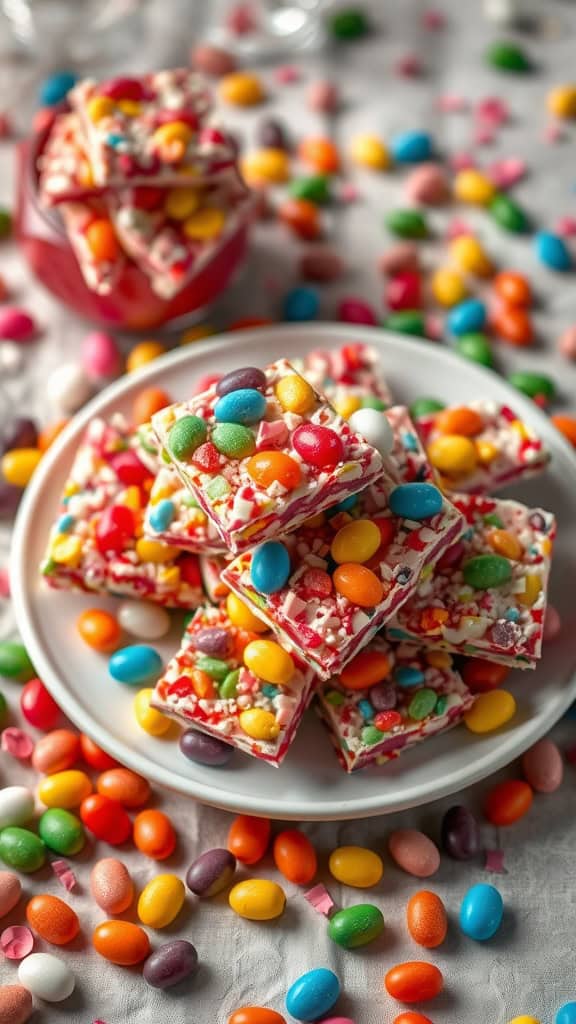 Colorful candy bark with jelly beans and sprinkles, arranged on a plate.