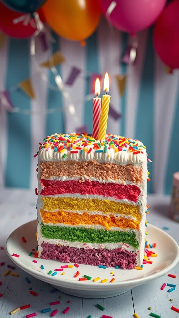 A colorful slice of rainbow layer cake on a plate, surrounded by sprinkles and festive decorations.