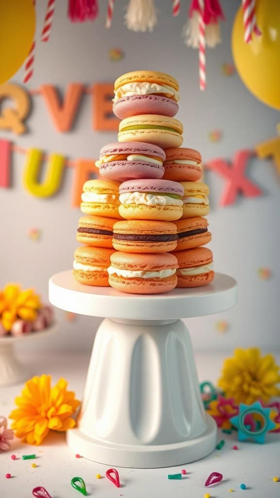 A colorful tower of macarons in various flavors and colors.