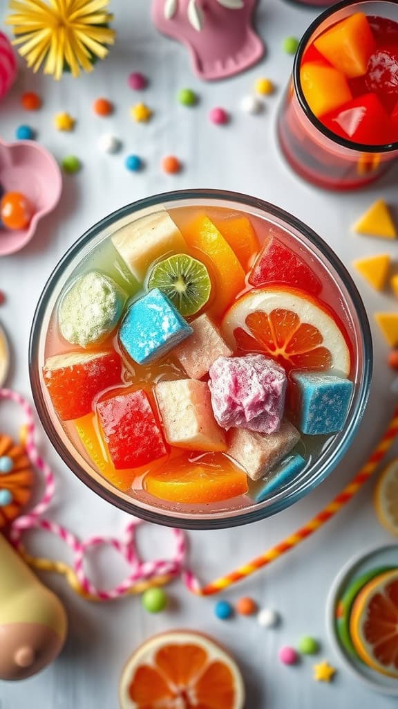 A vibrant bowl of rainbow sherbet punch with colorful fruit toppings