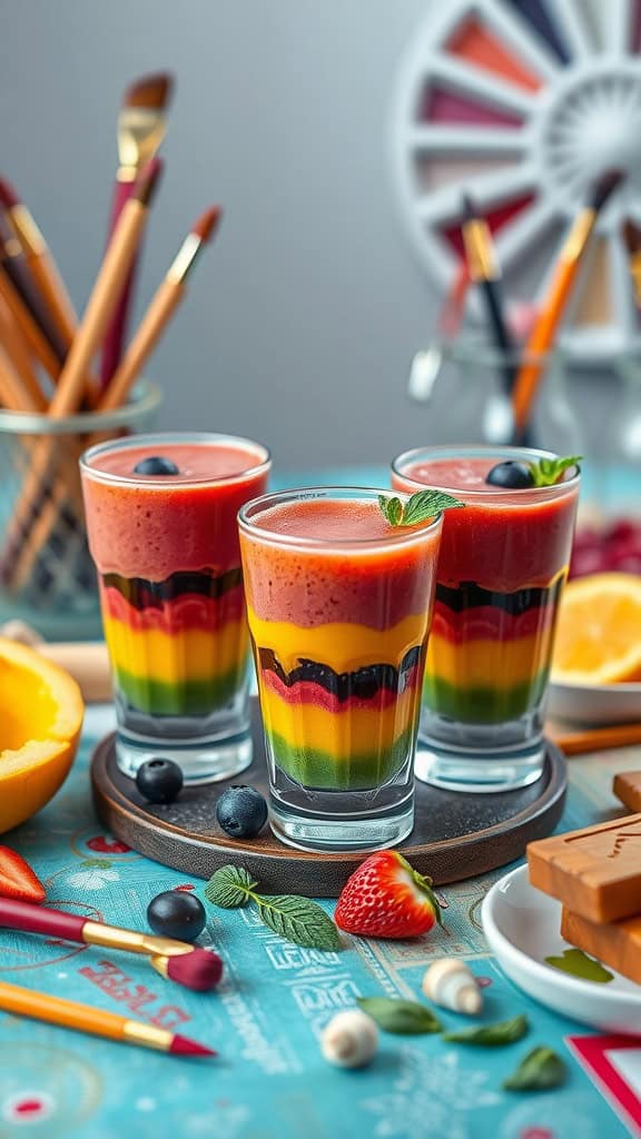 Colorful rainbow smoothie shooters displayed in glasses with fresh fruits and mint.