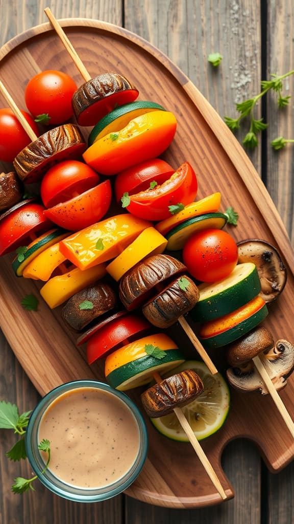 Colorful vegetable kabobs arranged on a wooden platter.