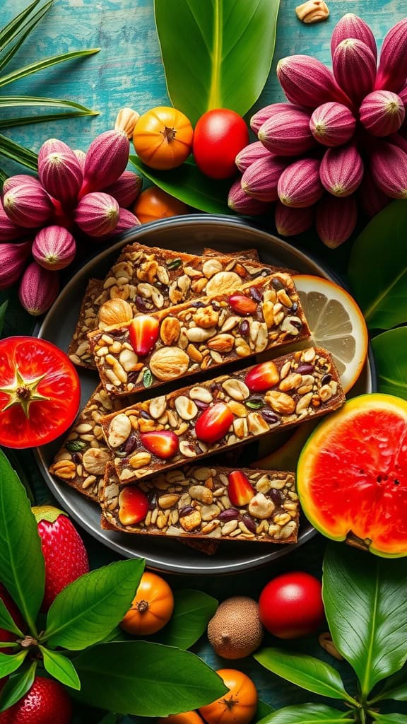 No-bake energy bars made with nuts, seeds, and oats, surrounded by colorful tropical fruits and leaves.