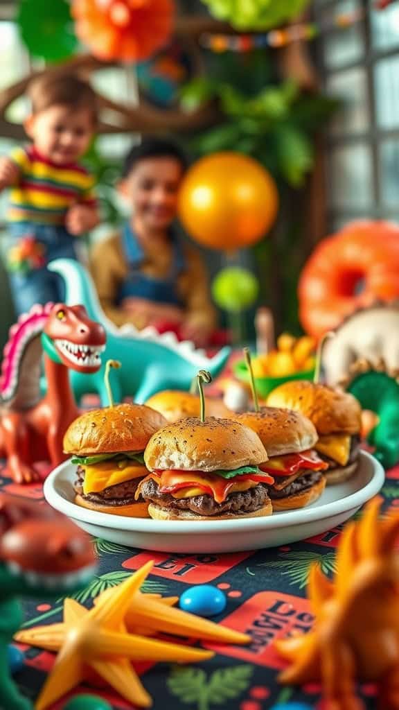 Raptor Meat Sliders on a decorative plate for a dinosaur birthday party.