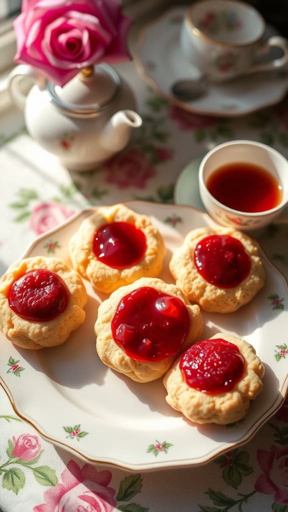 Raspberry almond thumbprint cookies on a decorative plate with raspberry jam filling.