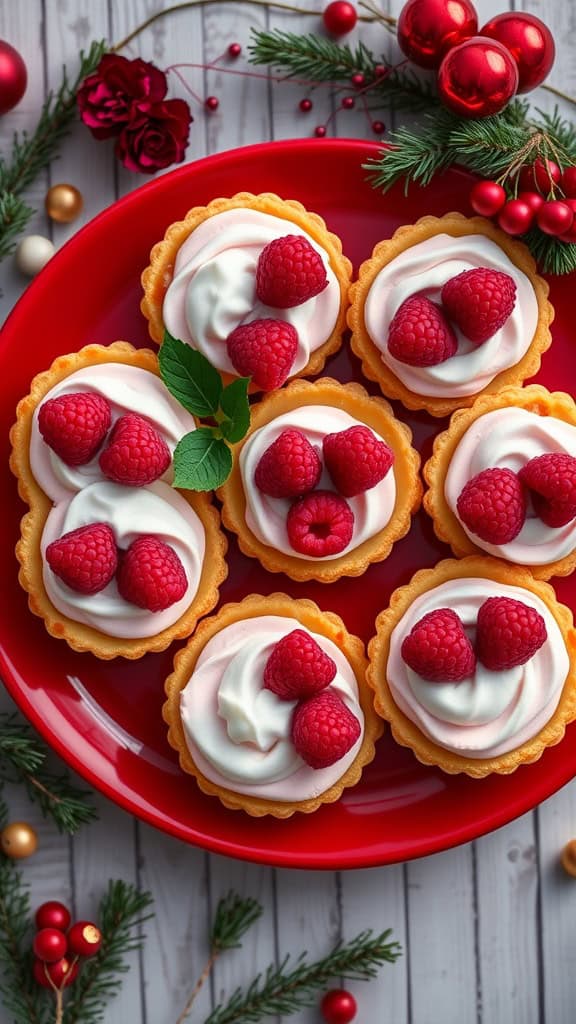 A plate of raspberry cream tarts topped with fresh raspberries