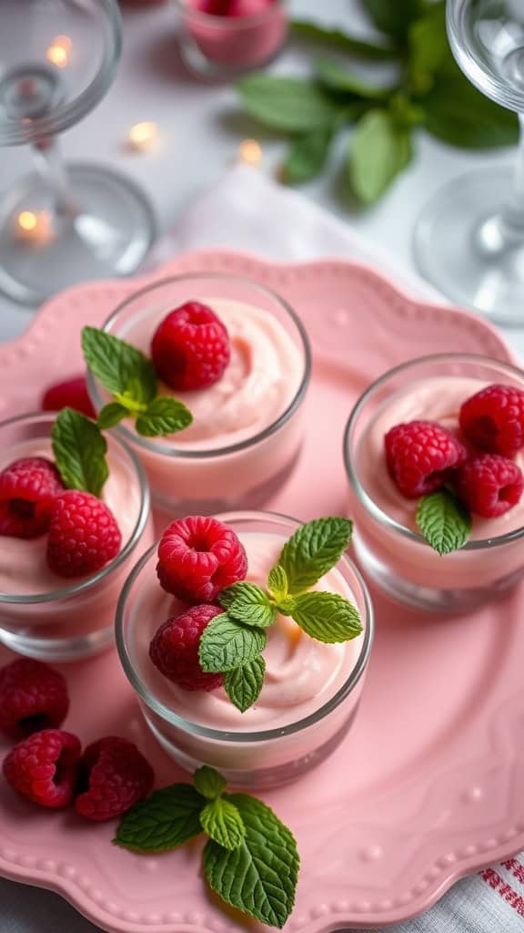 Raspberry mousse cups served in small glasses, garnished with fresh raspberries and mint leaves.