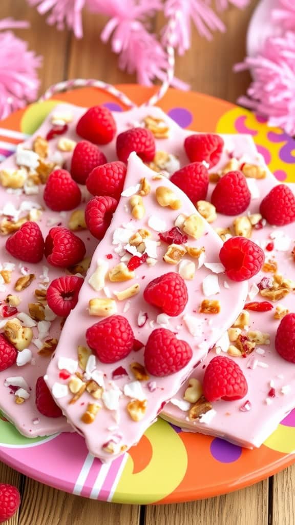 Raspberry yogurt bark topped with fresh raspberries and nuts.