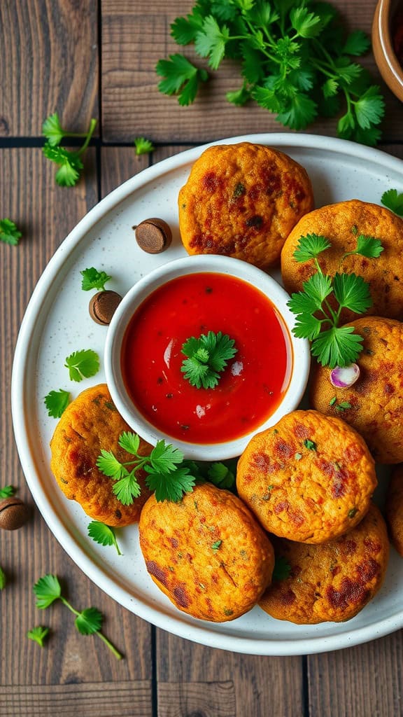 Red lentil patties served with a dipping sauce, garnished with cilantro.