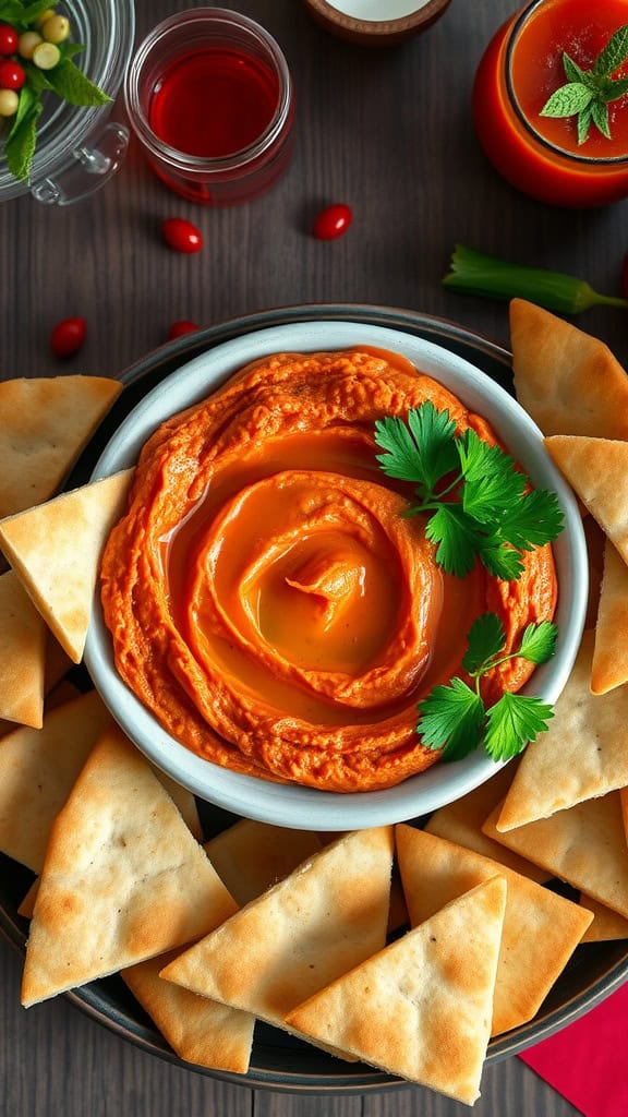 A bowl of red pepper hummus surrounded by pita chips.