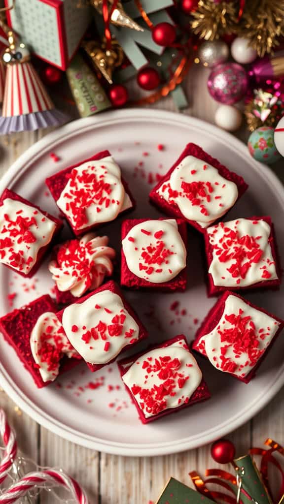 A plate of red velvet brownie bites decorated with cream cheese frosting and red sprinkles.