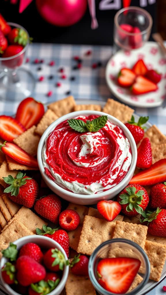 A bowl of Red Velvet Cheesecake Dip garnished with strawberries and surrounded by graham crackers