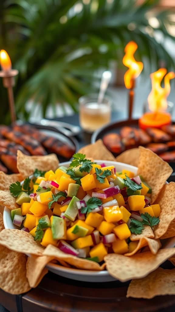 A bowl of mango avocado salsa served with tortilla chips