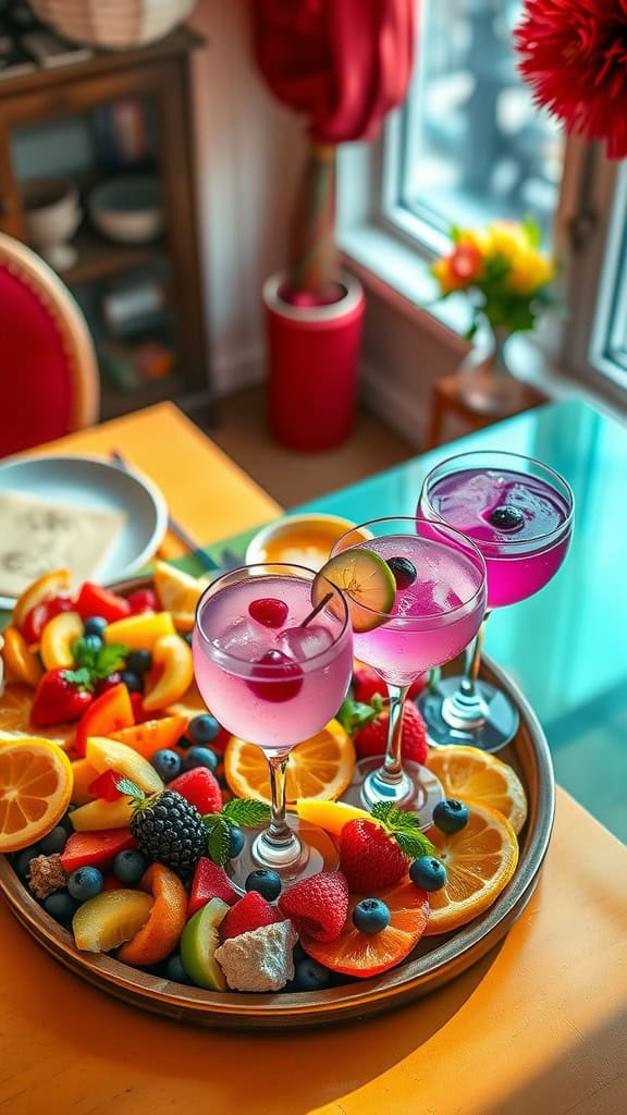 A vibrant platter with colorful fruits and refreshing mocktails