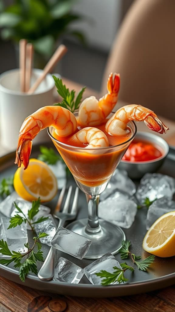 A refreshing shrimp cocktail served in a glass with cocktail sauce, garnished with lemon and parsley.