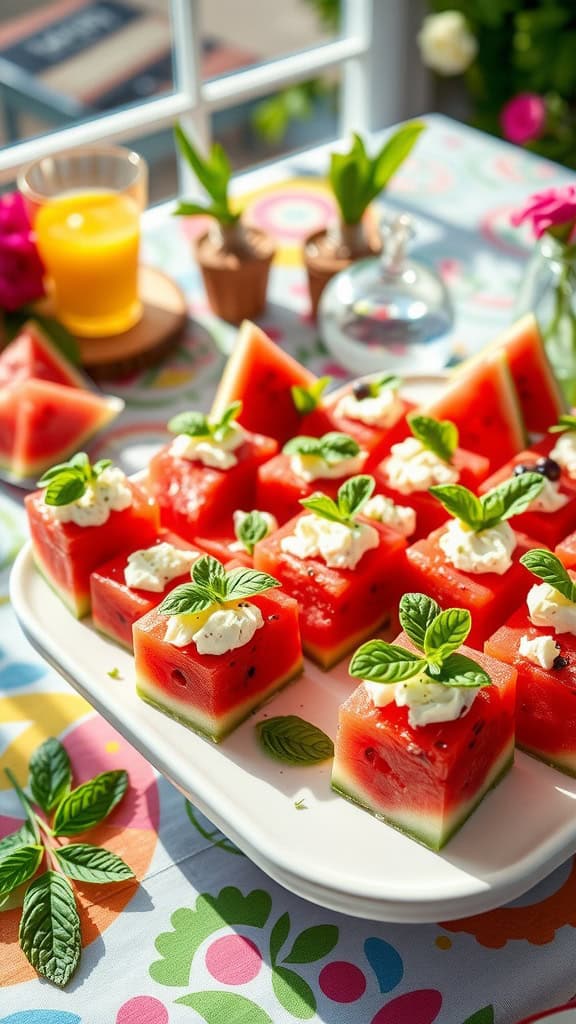 A vibrant plate of watermelon feta bites garnished with mint