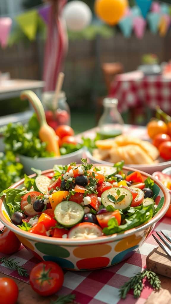 A colorful summer salad with mixed greens, tomatoes, cucumbers, and olives in a bowl.