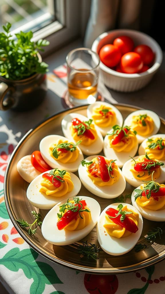 A platter of deviled eggs topped with ketchup and herbs, ideal for a retirement party.