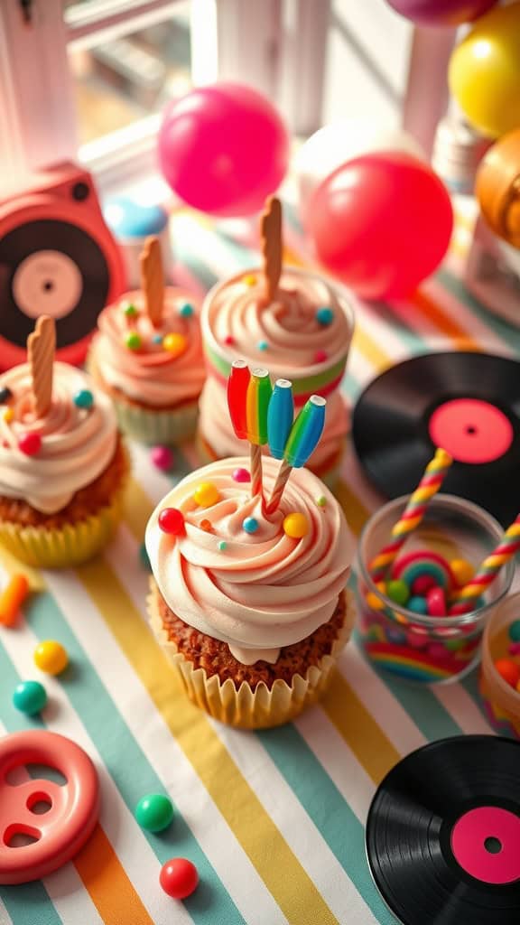 Colorful retro-inspired cupcakes with pastel frosting and candy decorations.