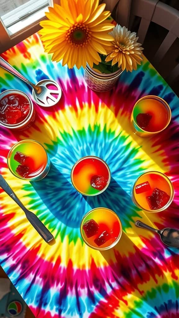 Colorful rainbow gelatin cups on a tie-dye tablecloth.