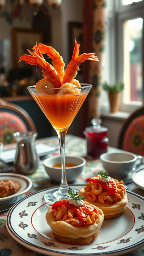 A classic prawn cocktail served in a glass with a vibrant sauce, alongside flaky vol-au-vents filled with chicken and mushrooms.