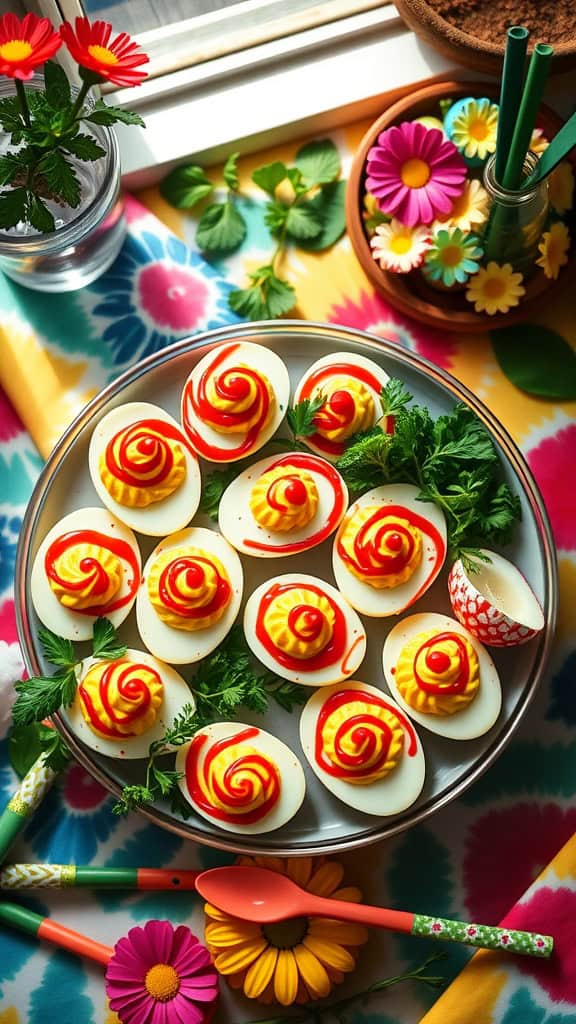 Colorful plate of retro deviled eggs with paprika swirls and ketchup decoration, surrounded by vibrant flowers and utensils.