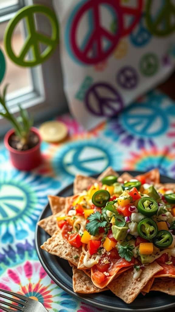 Loaded nachos with fresh toppings, perfect for a hippie-themed party.