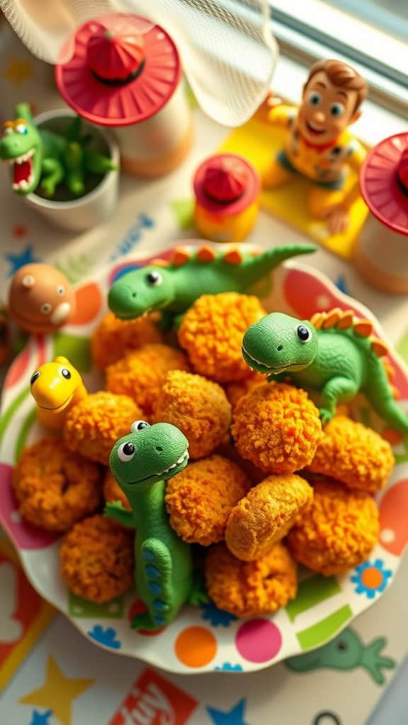 Plate of dinosaur-shaped chicken nuggets, perfect for a Toy Story party.