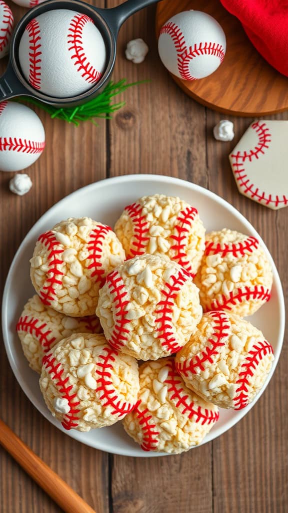 Rice Krispie treats shaped like baseballs with red stitching decorations.