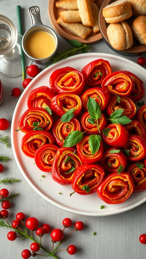 A beautiful plate of roasted red pepper pinwheels, garnished with fresh herbs.