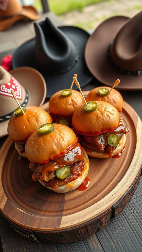 BBQ sliders with jalapeños on a wooden plate