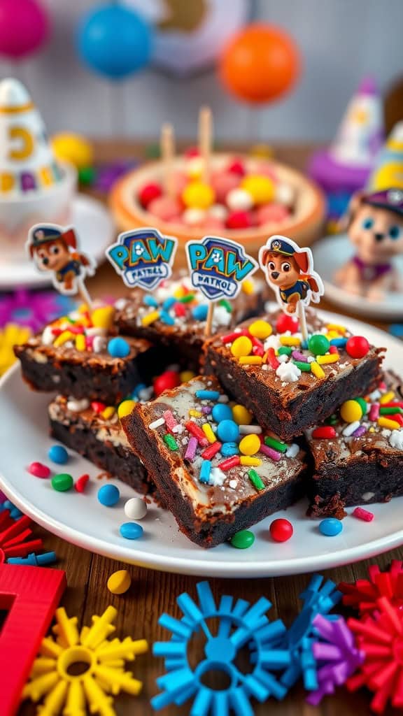 Delicious brownies topped with colorful sprinkles and candies, perfect for a Paw Patrol party.