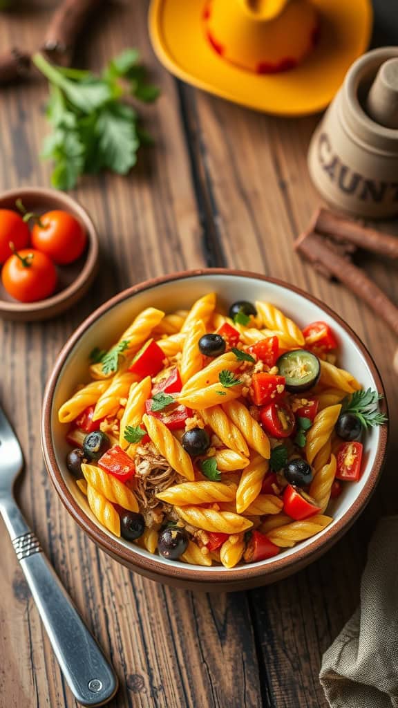 A delicious bowl of Rustler’s Ranch Pasta Salad featuring colorful vegetables and pasta, perfect for a cowboy-themed gathering.