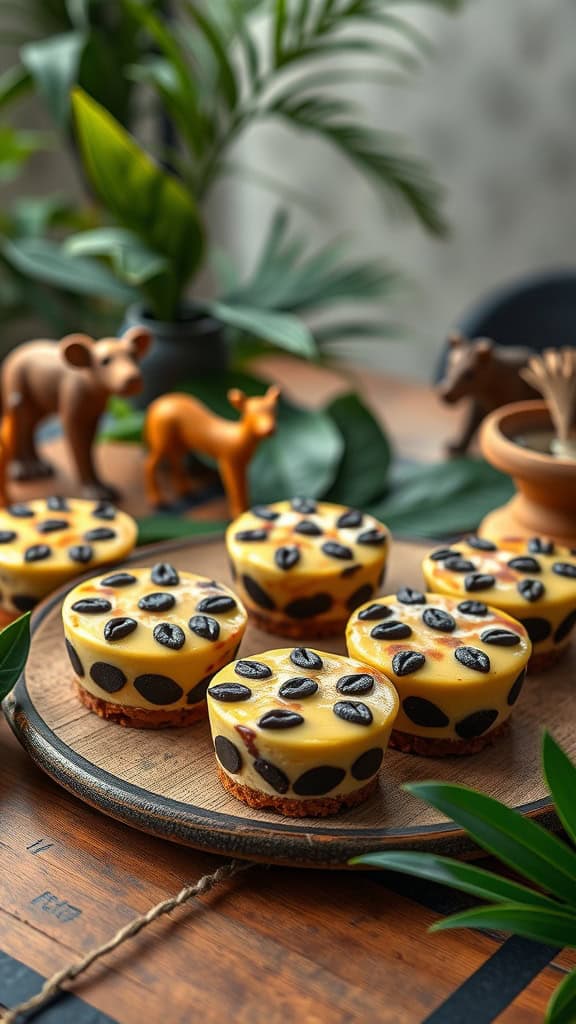 Cheetah cheesecake minis decorated with chocolate chips on a wooden platter.