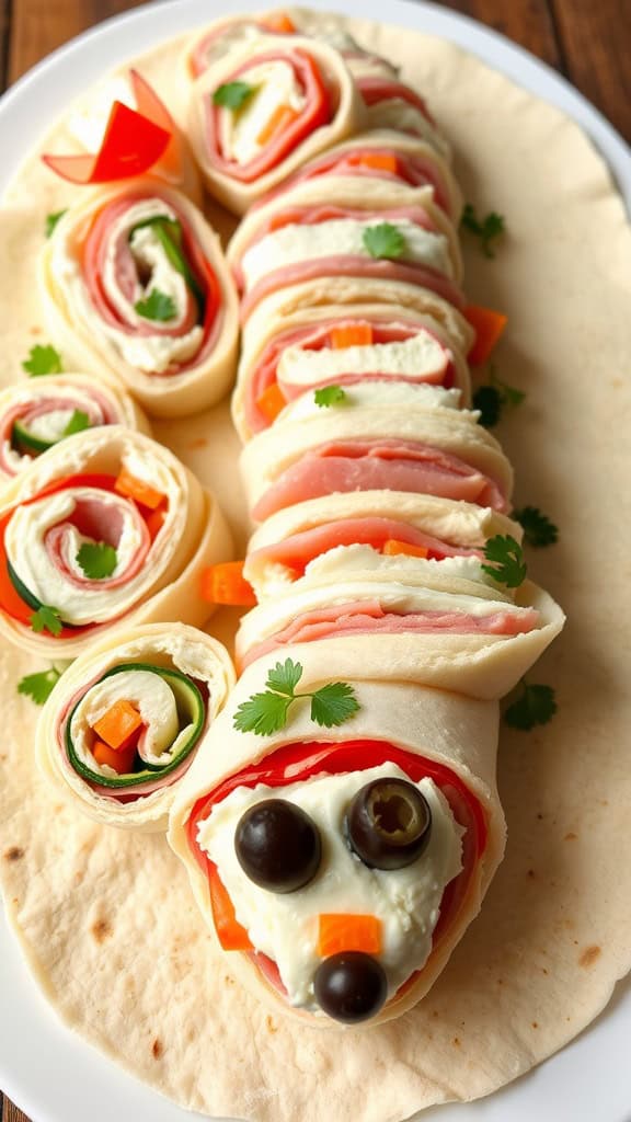 A playful arrangement of snake-shaped sandwiches on a plate, perfect for a safari-themed birthday party.