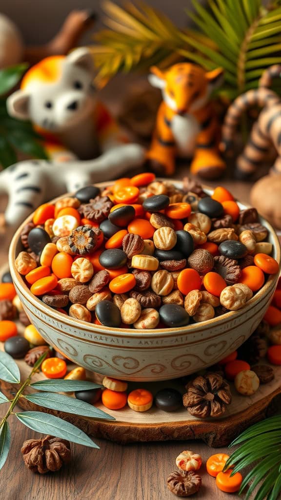 A colorful bowl of Tiger Tail Trail Mix featuring nuts, pretzels, chocolate candies, and dried fruit.